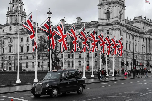 uk, england, flag, taxi, london, british flag, british. AI content localisation: Reaching UK regional audiences