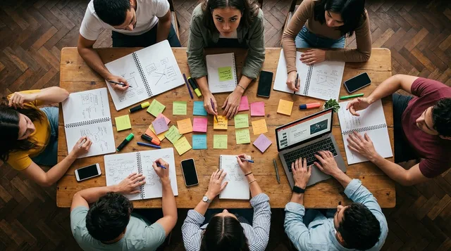 eam, workshop, office, collaboration, sticky notes, planning, strategy, brainstorming, table, overhead, people, working, laptop, notebooks, creativity, business, meeting, together, analysis, group, ai generated. Planning metrics for AI content operations