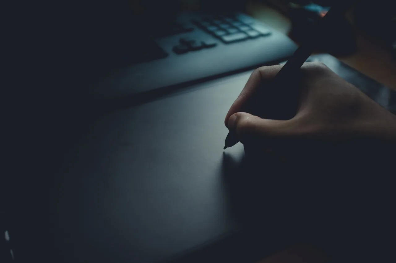 pen, writing, hand, dark, office, laptop, blue office, blue laptop, blue writing