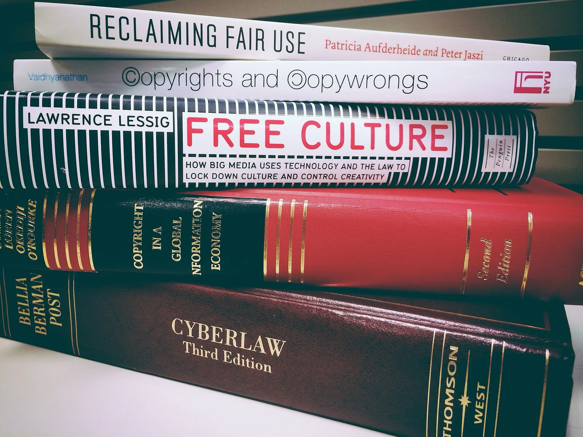A stack of books related to copyright law, free culture, and fair use, photographed by researcher Casey Fiesler in 2014